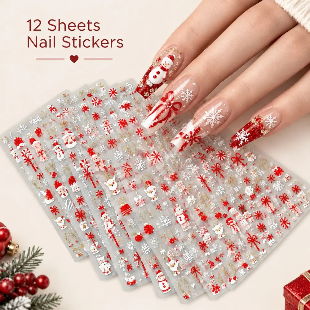 12Pcs Lightweight Delicate Nail Decals Gold Foil Red Glitter Reindeer Sleigh Gift Box for Winter Seasonal Celebration Nail Set