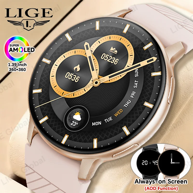 LIGE New AMOLED Smart Watch Screen Always Display Time Women Men Ladies Gift Sport Fitness Watches Heart Rate Monitor Smartwatch