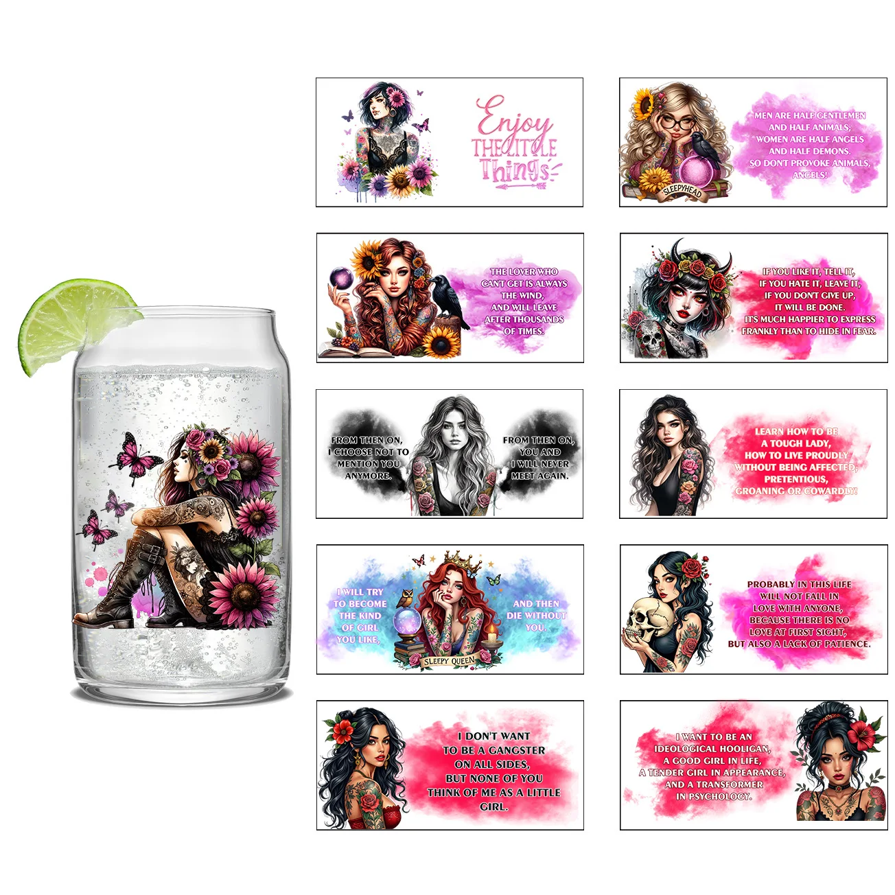 Tattooed Girl 3D Transfer Sticker Labels DIY Logo Postive Words 3D Stickers for 16oz Inked Beauty Girl DTF UV Cup Wraps