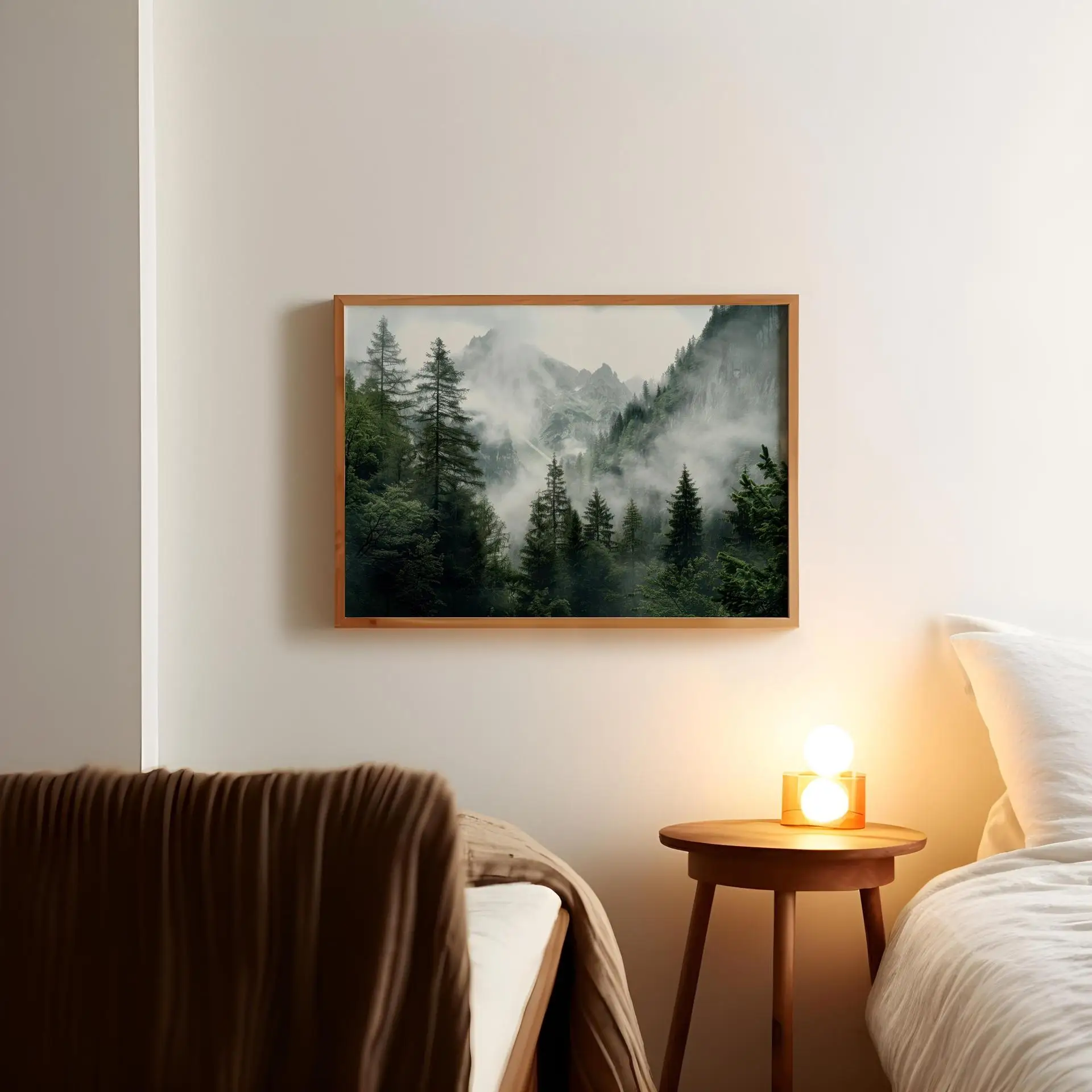 جبال الغابات، جبال ضبابية، غابة خضراء، زهرة برية، منظر طبيعي، لوحة زخرفية، قماش طبيعي