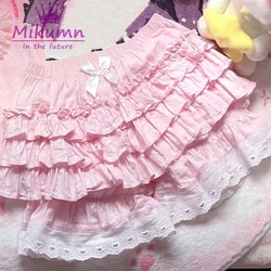 Short bouffant à volants en dentelle pour femme, pantalon Aliments victorien, Lolita Kawaii, nœud, robe JK, short de sécurité, rose doux, Mikumn Harajuku