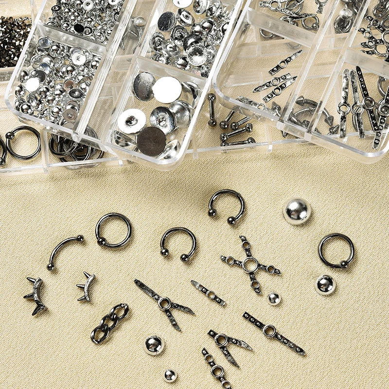 3BOX Y2K Gothic Punk Nail Art Kit - Mixed Silver 3D Metal Studs & Rhinestones, Nail Charms Set with Tweezers for Acrylic Nails. view 4