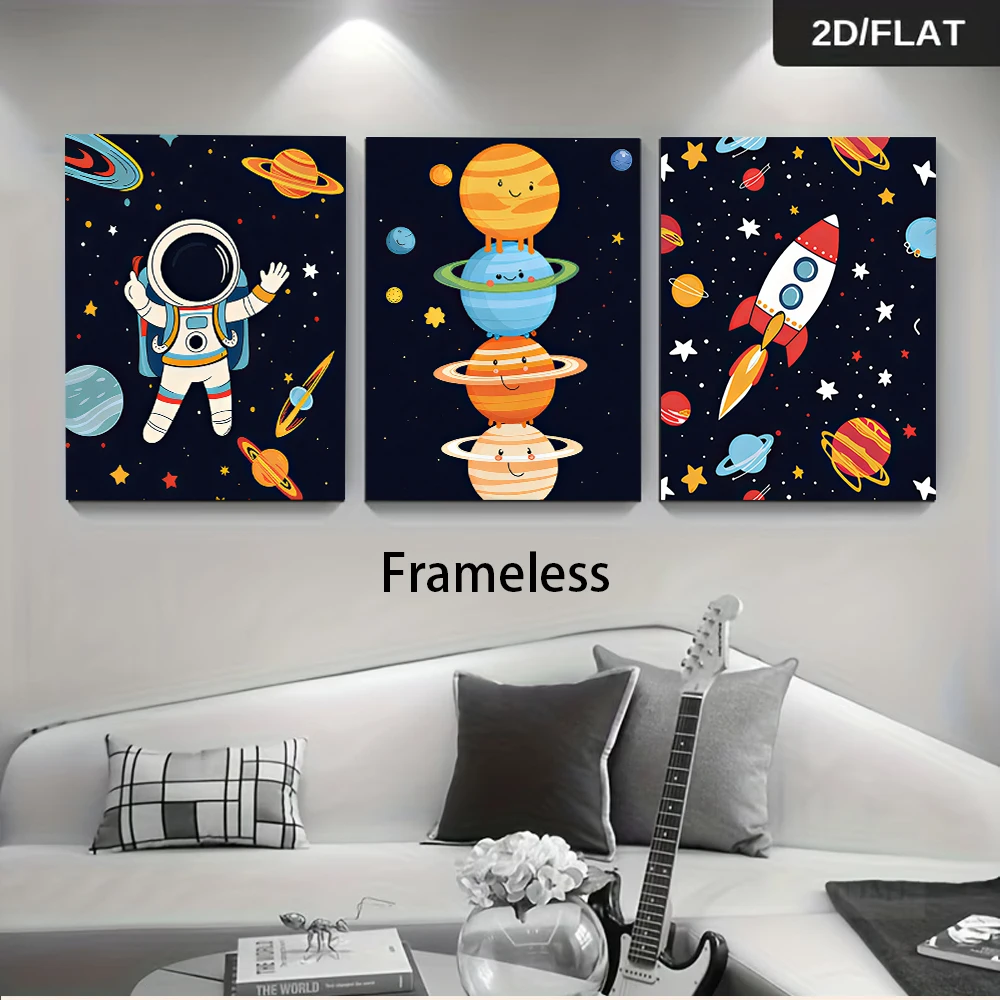 1 set of children's room cartoon space theme triple frameless decorative painting astronaut planet rocket pattern 2D plan