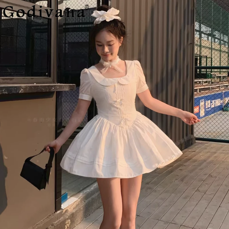 

Spring Summer Elegant French Temperament Women White Short Sleeve Dress Fashion Sweet Peter Pan Collar High Waist A-line Dresses