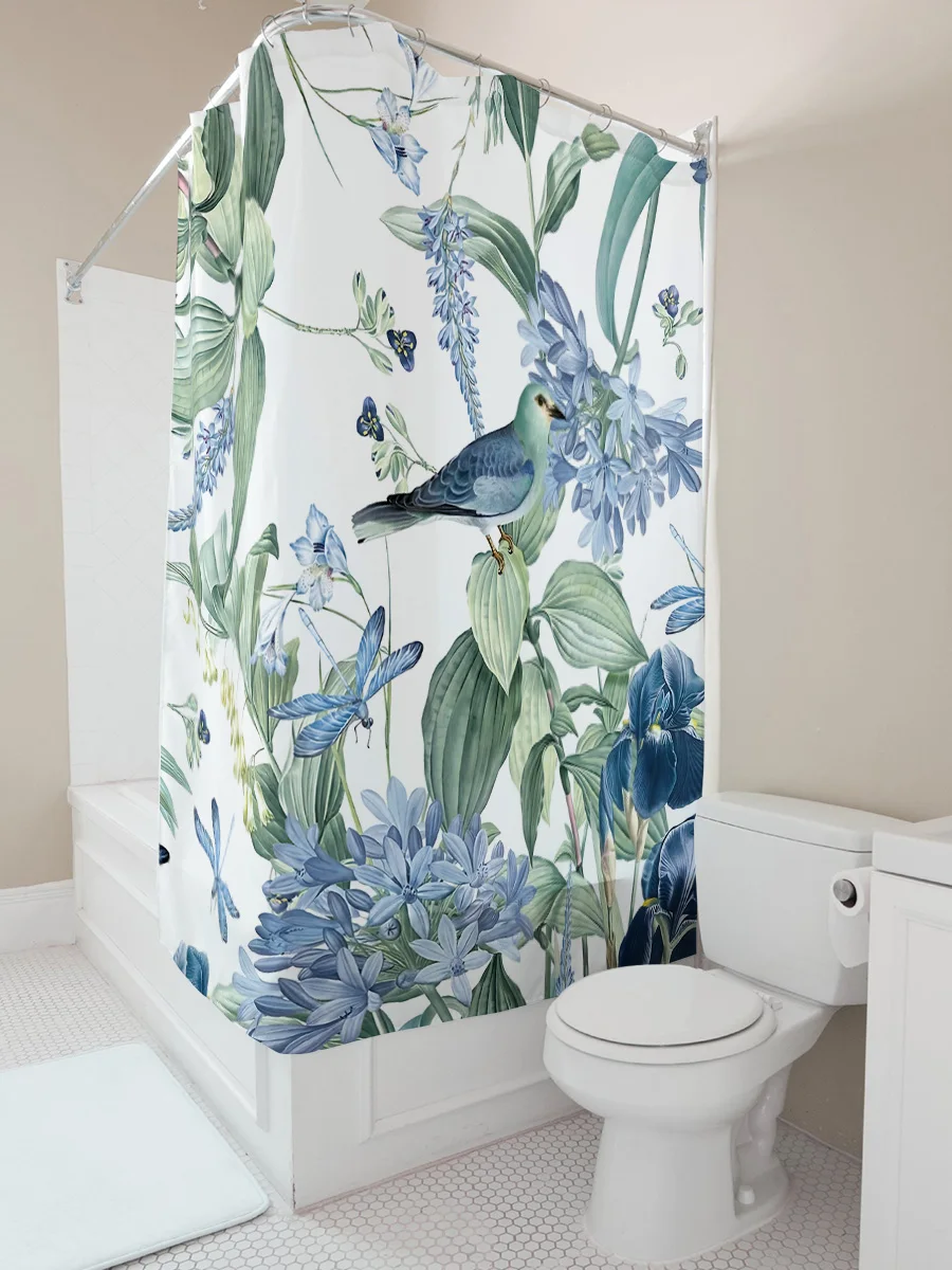 Elegant Blue Bird and Flower Shower Curtain Nature-Inspired Bathroom Decor with Vibrant Colors and Detailed Patterns Easy-Clean