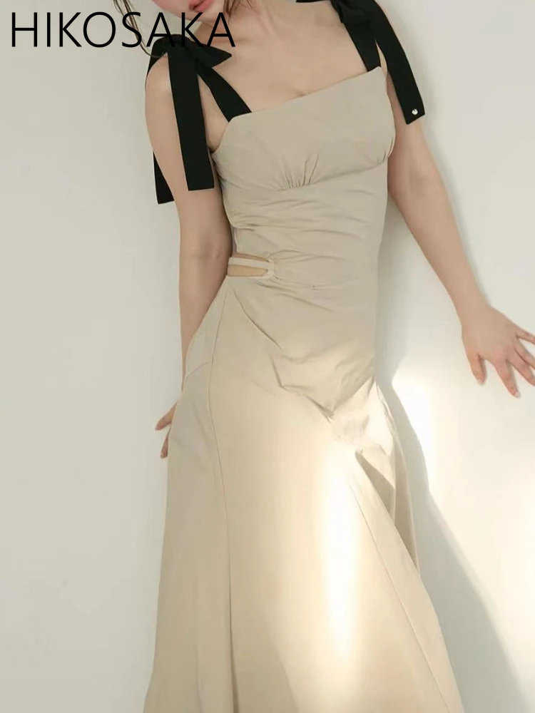 

Japan style temperament square collar straps dress bow lace up sweet high waist alim a-line robe 2025 summer new chic vestidos