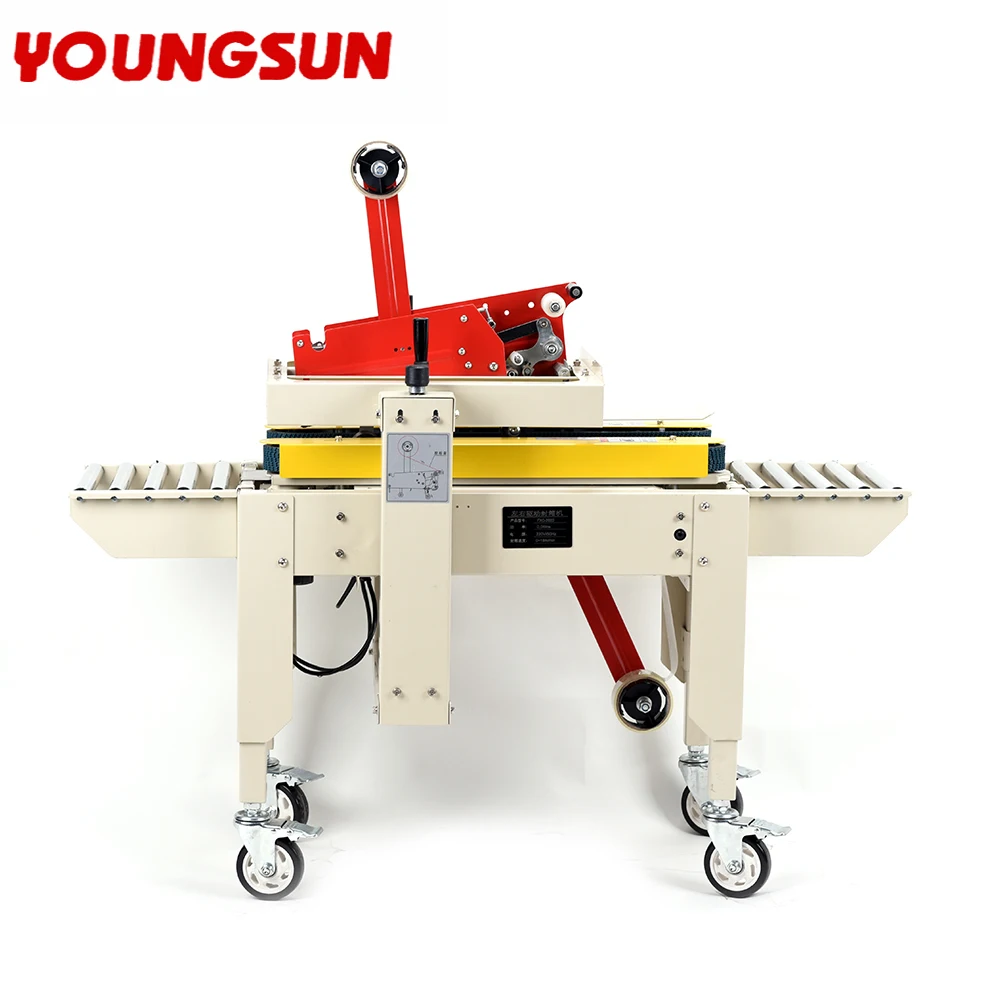 young sun FXJ-6050 Semi-auto Adjustable Vertical Carton Case Box Sealing Band Machine Roller Conveyor Belts Tape Case Sealer