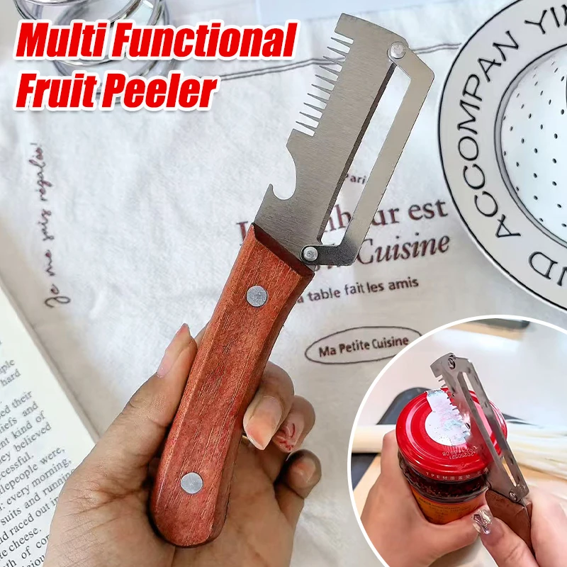 Cuchillo pelador dentado multifuncional de acero inoxidable con mango de madera para cortar o rebanar frutas y verduras