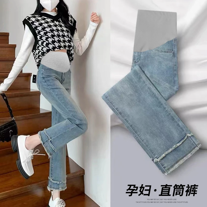 

9212# Summer Fashion Stretch Denim Maternity Jeans 9/10 Length Belly Thin Pencil Pants Clothes for Pregnant Women Pregnancy