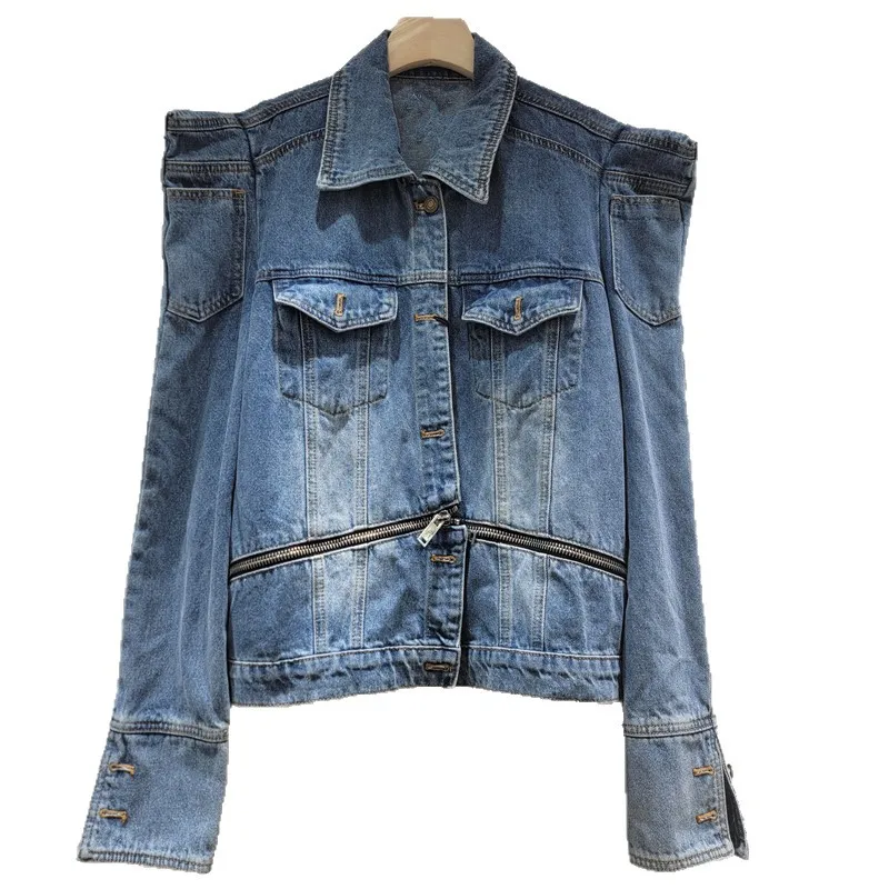 Niche Design Heavy Craft Denim Jacket for Women with Right Angle Shoulder Zipper Trendy, European American Style Women's Jacket