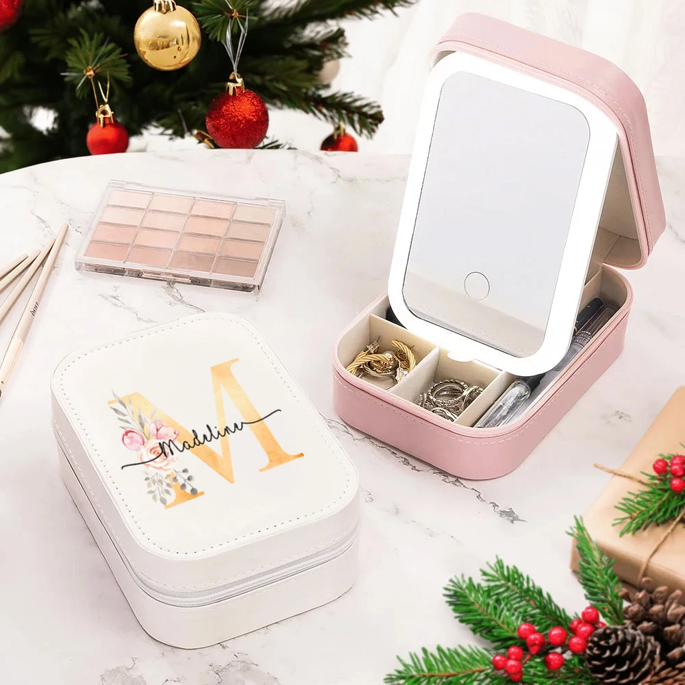 

Personalized Travel Jewelry Box with Name Color Changing LED Makeup Mirror Birthday Christmas Bridesmaid Gift for Women