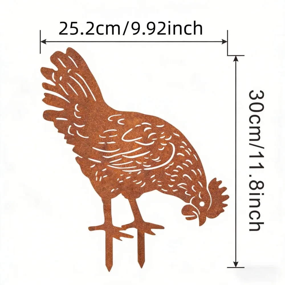 Rusty Metal Chicken Silhouette Garden Stake, Weatherproof Hen Yard Art Decor for Outdoor Farmhouse Lawn Ornament