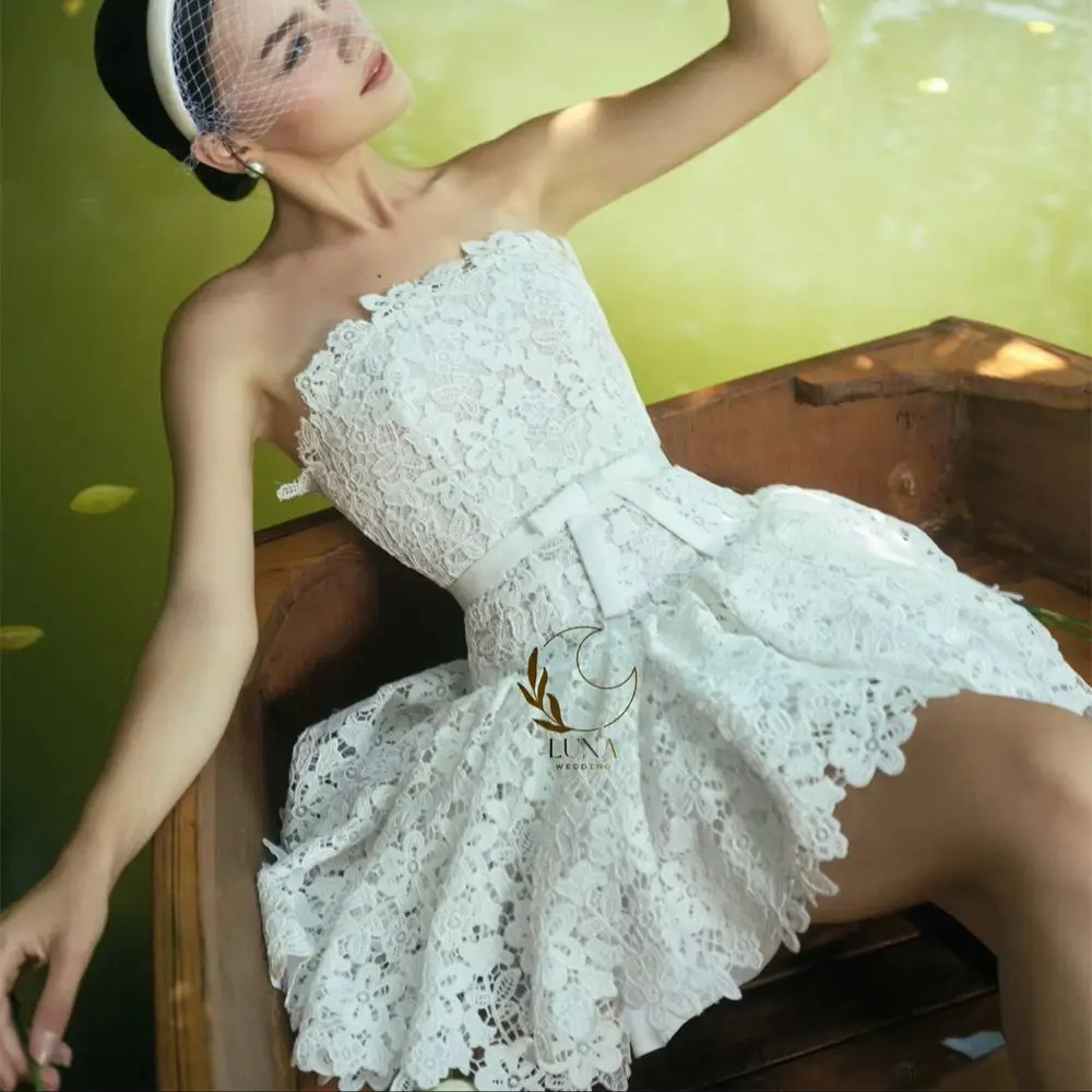 Luna Modern Lace Strapless Short Wedding Dress Puffy Mini Lined Bridal Gown Customized Women Vestido De Noiva