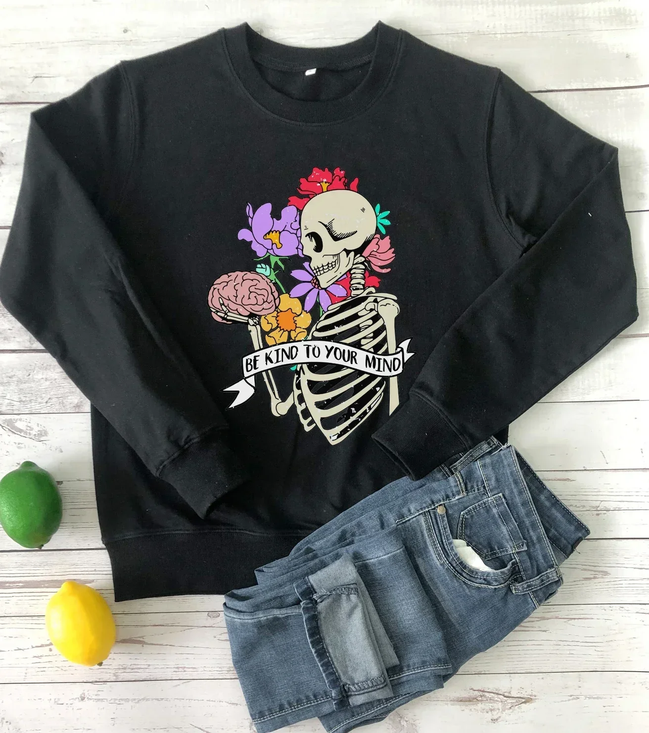 Womens 2024 New Fashion Sweatshirt Mental Health Print Sweats Floral Skeleton Pullover Women Fashion Hoodies Casual Vintage Tops