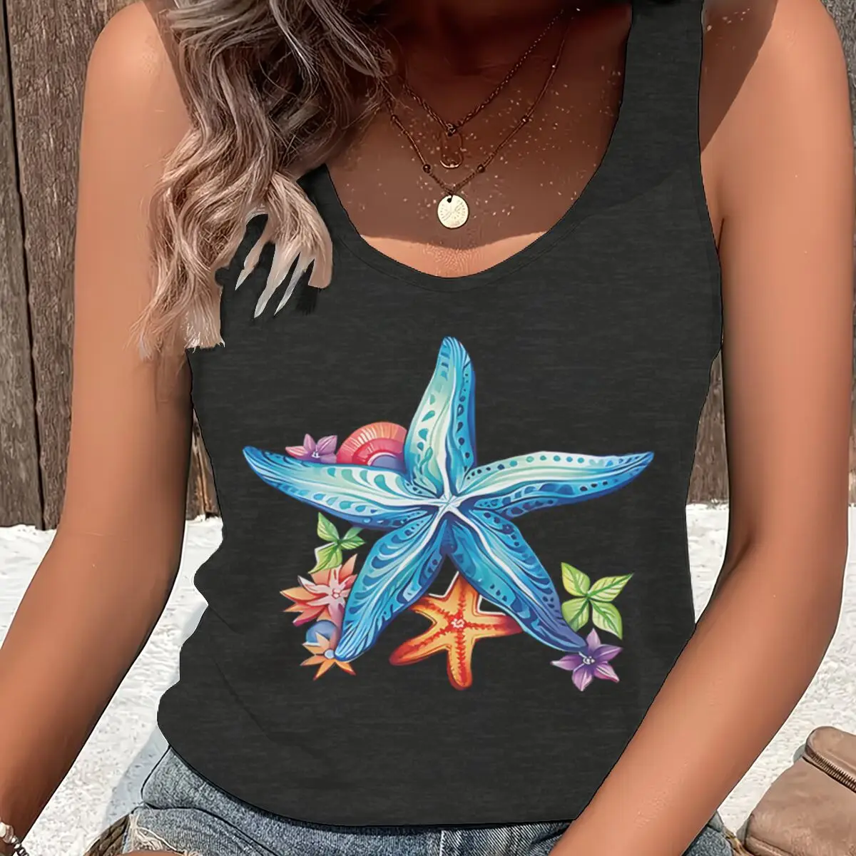 Women Vintage Colorful Starfish Graphic Racerback Tank Top Summer Vacation Ocean Beach Sleeveless Basic-Fit Vest