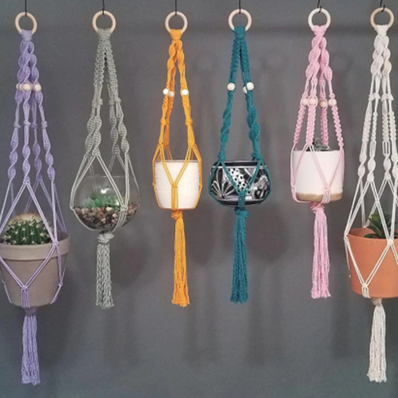 Colourful Boho Macrame Plant Holder Hand Woven 100% Cotton Flower Pot Hanger Hanging Basket For Indoor Plants Bonsai Home Decor