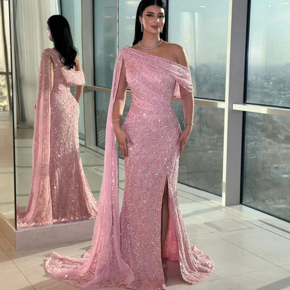 

luxury Pink Evening Dresses Cape One Shoulder Slit Mermaid Prom Dress for Women Graduation Gala Wedding Party Gown Customized