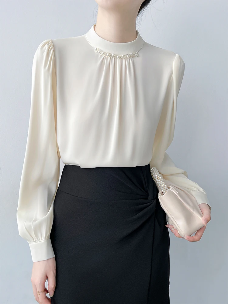 

Корейский Sle Pure Color Silk irt, женский ранняя осень, новый длинный све, Interview Dring Code, свободный крой Bubble Sve