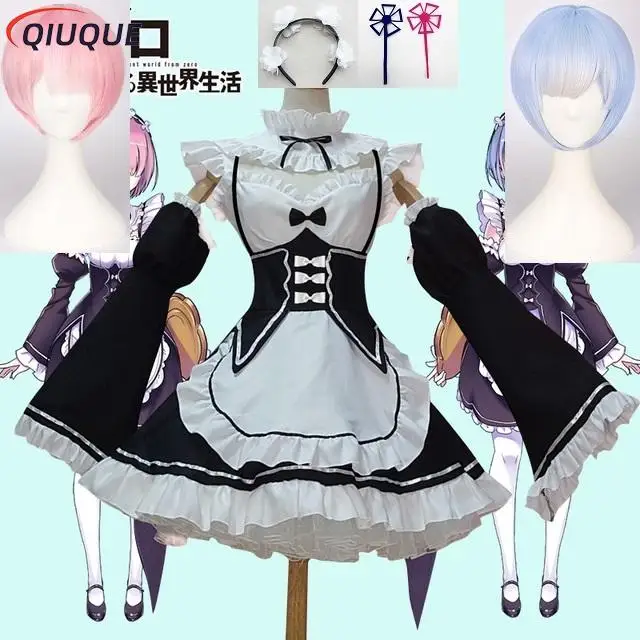 

Anime Re:zero Kara Hajimeru Isekai Seikatsu Life In a Different World Ram Rem Cosplay Costume Wigs Maid Dress Halloween Costume