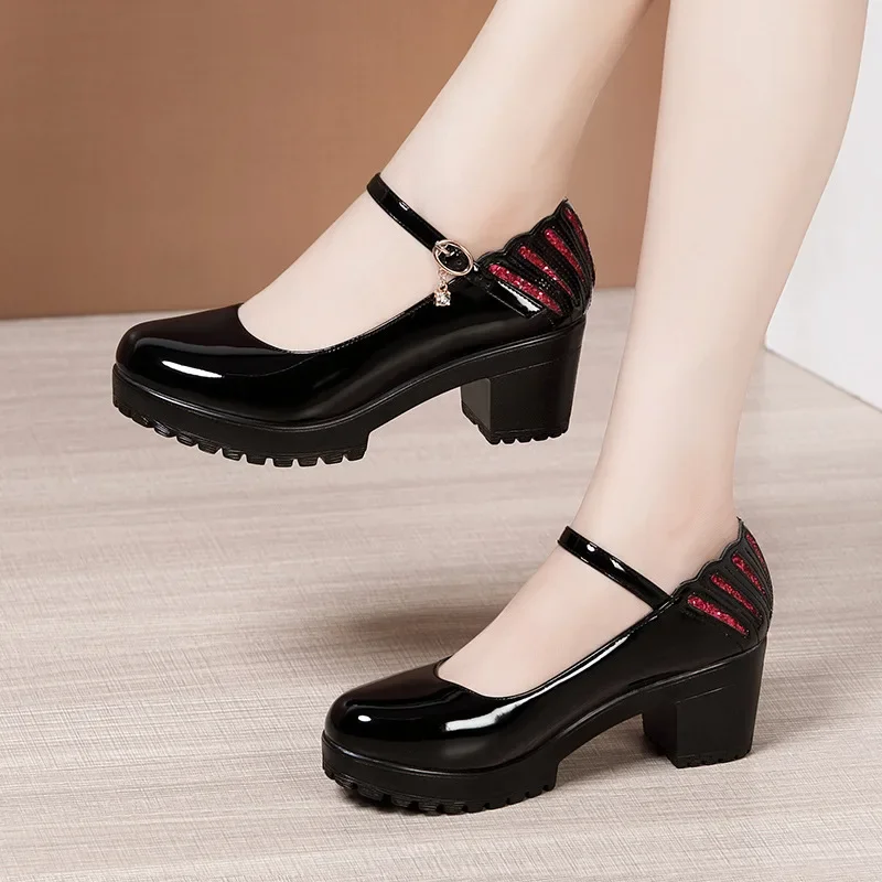 6 8 10cm Small Size 32-43 Shallow Patent Leather Shoes Women Mary Janes 2024 Fall Block Heels Shoes Platform Pumps Office Mom