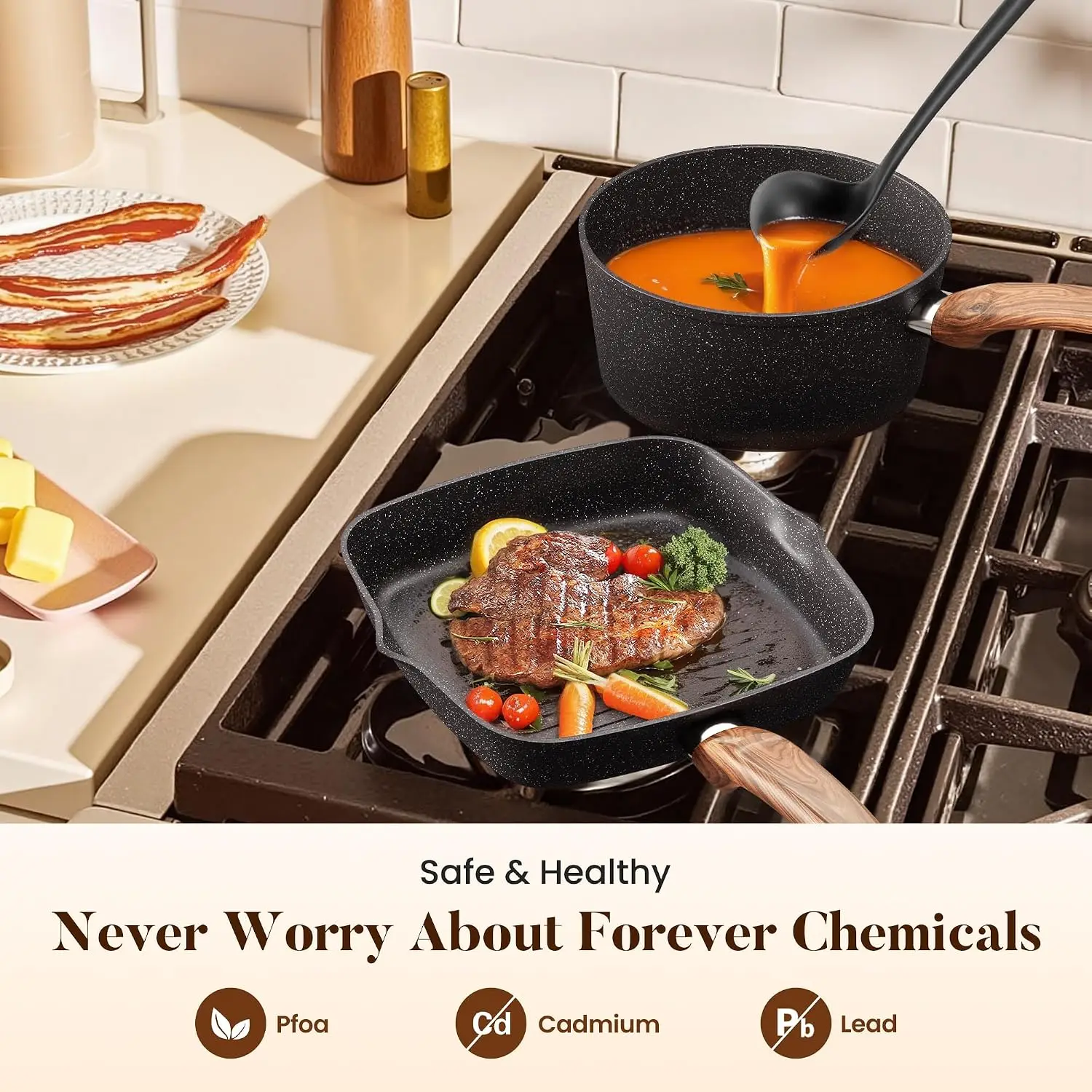 Kitchen Induction Cookware & Bakeware Set - 30 Piece Black Granite Cooking Pans Set, Non-Stick Pots and Pans Set | Nonstick Kitc