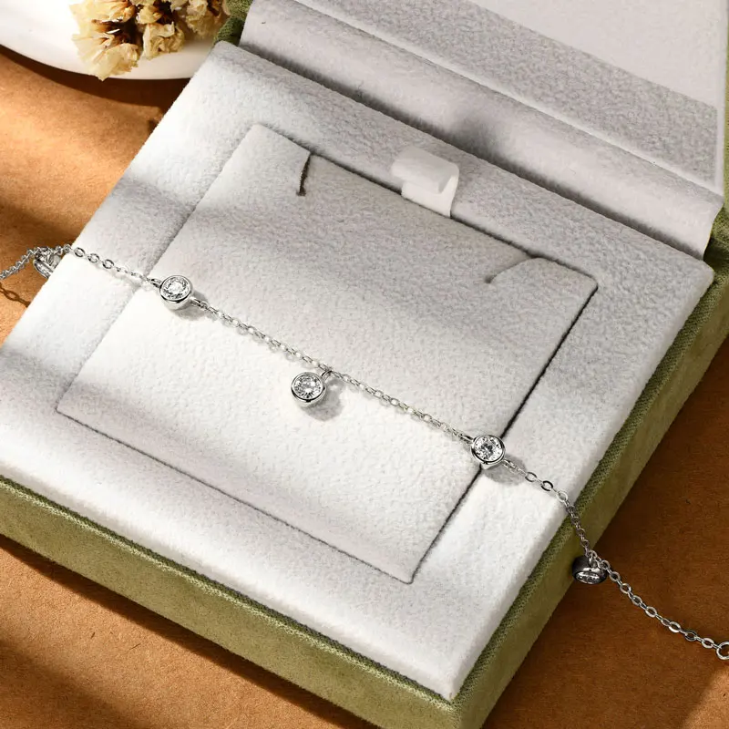 Anziw 2025 New 4mm Bezel Moissanite Bracelet 925 Silver Adjustable Chain Fashion Bracelets for Women Hand Jewelry Valentine Gift