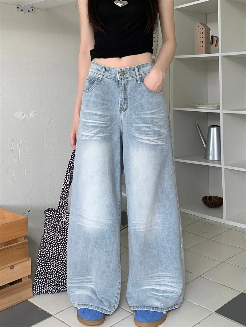 Women Light Blue Y2k Jeans Harajuku Denim Trousers Streetwear Y2k Wide Leg Jean Pants Vintage 90s Aesthetic 2000s Trashy Clothes