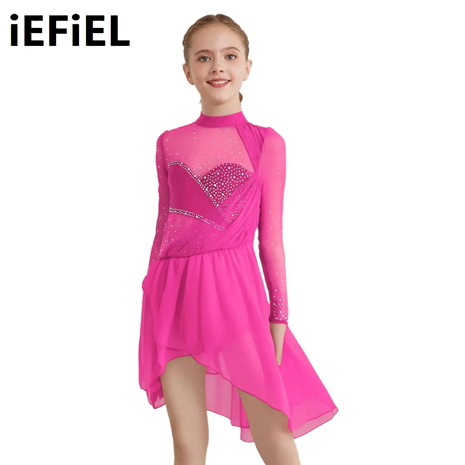 

Girls Ballet Gymnastics Figure Skating Leotard Dress Long Sleeves Sheer Mesh Rhinestone Irregular Hem Modern Lyrical Dance Dress
