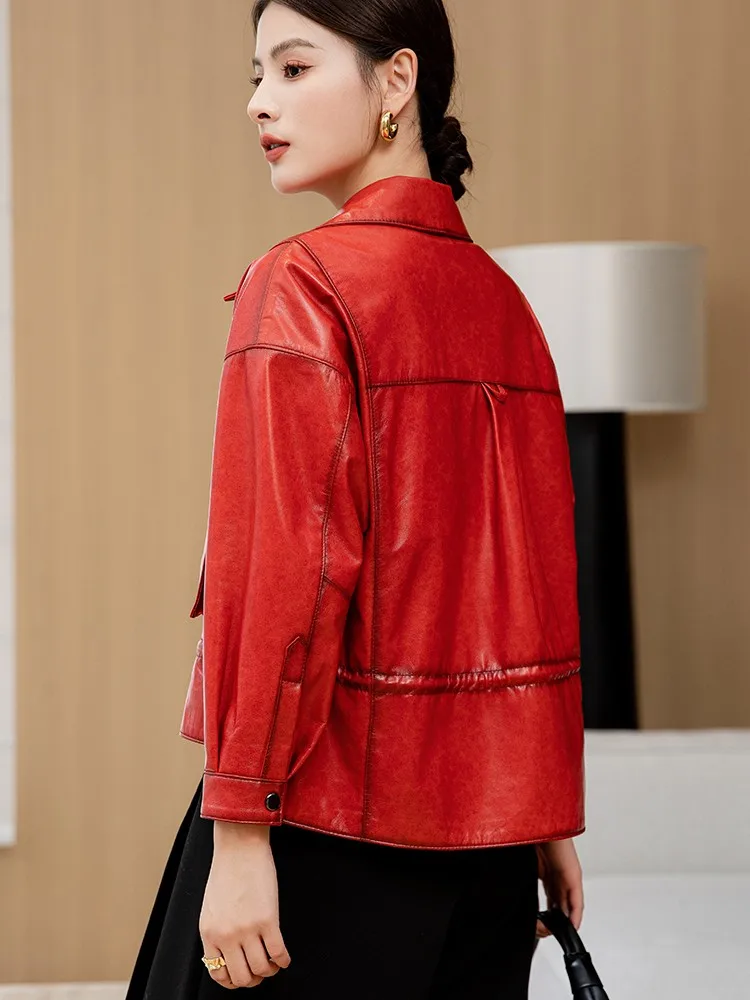 Giacca corta da donna in vera pelle di alta qualità monopetto vino rosso giacche di pelle di pecora colletto couverture cappotto casual vestibilità ampia