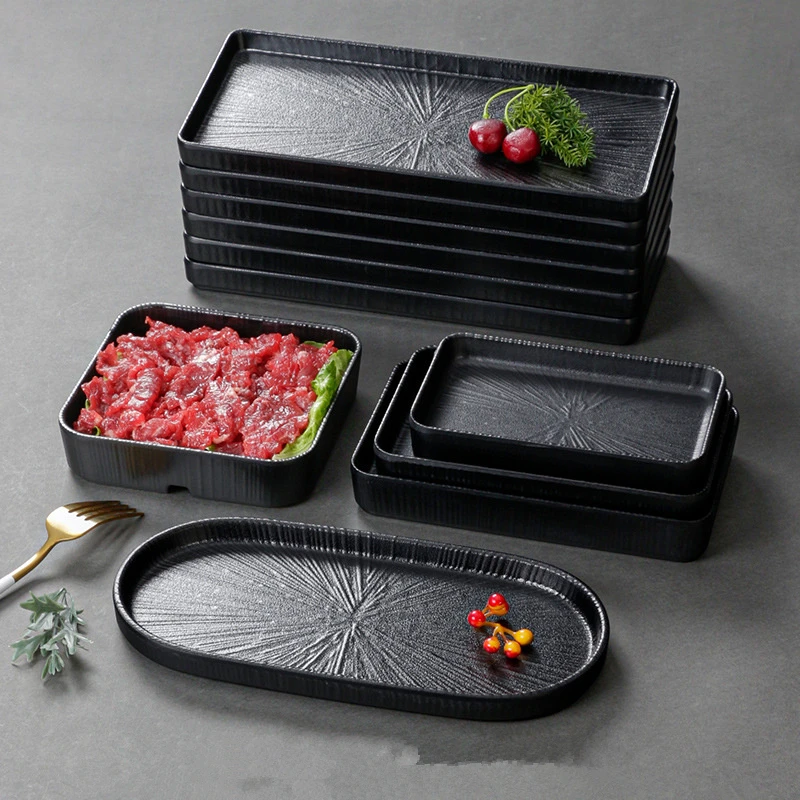 Melamine Black Dinner Plate Thickened Sushi Pans Imitation Porcelain Barbecue Dishes Home Food Serving Tray Household Tableware