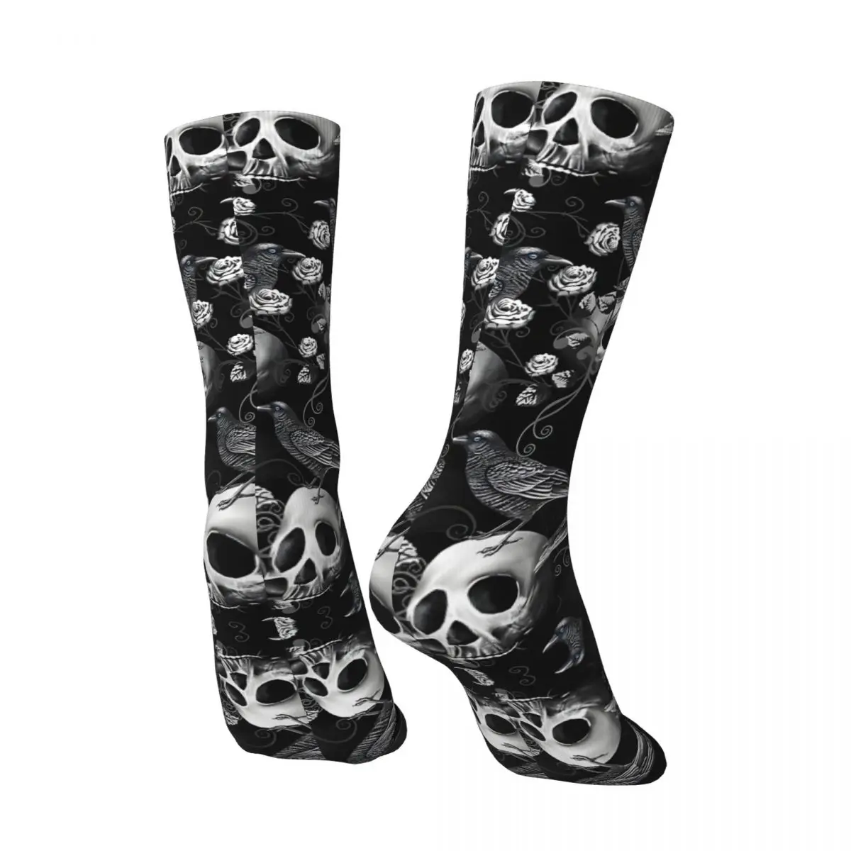 Gothic Crow And Skull Drawstring Bag Men's Socks Vintage Harajuku Street Style Novelty Seamless Crew Sock