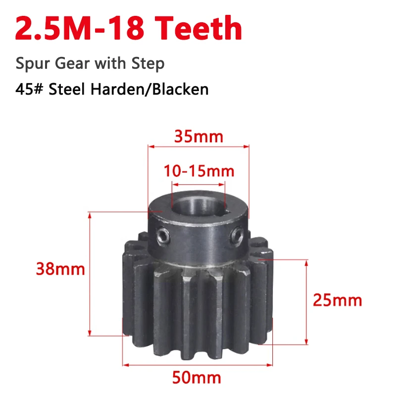 

1pc 18 Teeth 2.5M Spur Gear with Step 45# Steel High Frequency Blackening 2.5 Module 18T Drive Gear Bore 10 12 14 15mm