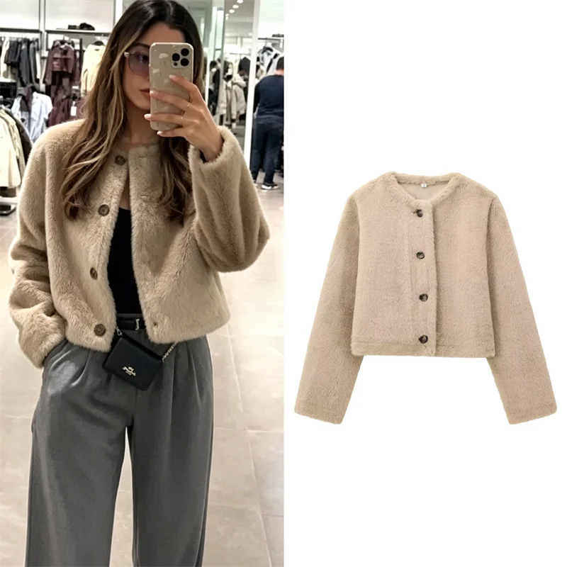 Guobioziy Women's Coat 2026 Winter New Arrival Fashionable and Versatile Round Neck Button Detail Faux Fur Effect Short Jacket