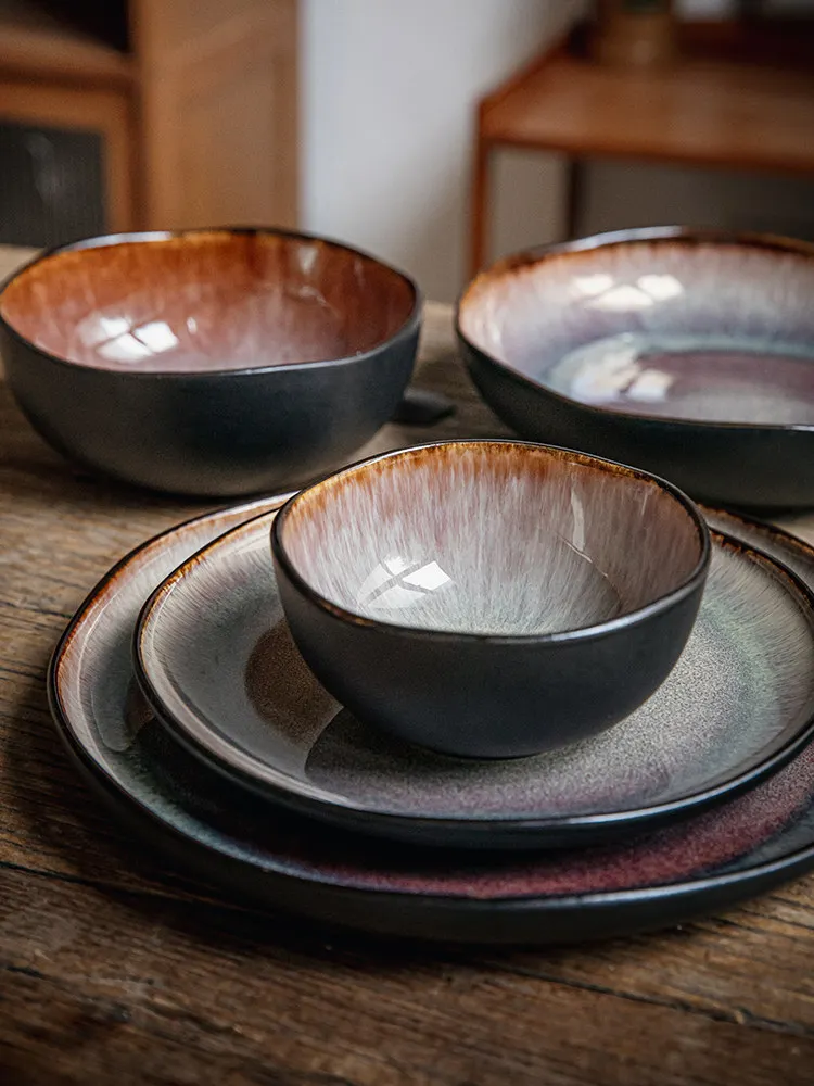 Japanese Glaze Ceramic Tableware Set Irregular Wavy Edge Plates Bowls Vintage Rustic Stoneware Dinnerware for Home Restaurant view 4