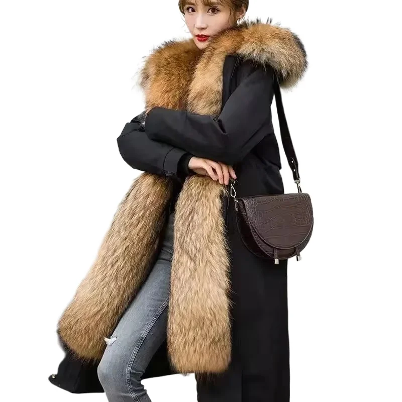 Large SizeInner Liner Removable Fur Over Knee Overcoat Women Cotton Coat Winter Jacket Female Thick Warm Parkas Hooded Outwear