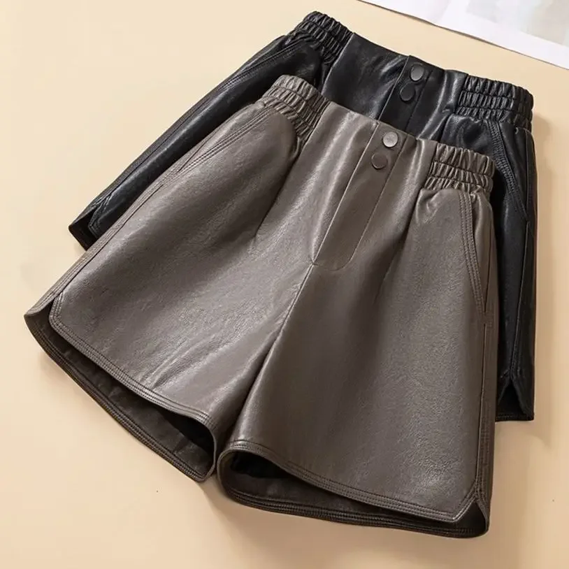 

Leather shorts female 202 summer 4 winter new high waist loose A word washed Joker fashion temperament leather pants