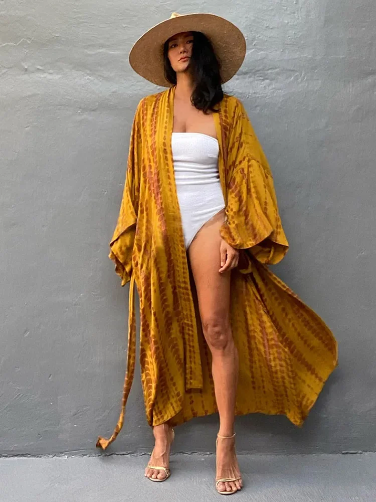 Boho Stripe Tie Dye Swimsuit Cover Up with Belt Tunic Sarong Cardigan Dress 2023 Women Bikini Cover-ups Beach Wear Kimono Pareo