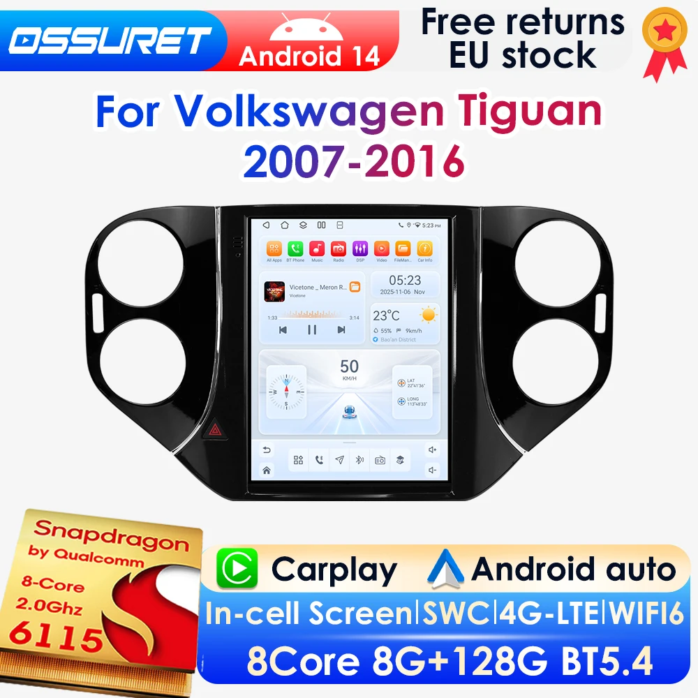 2 DIN 9,7 Zoll Vertikalbildschirm Android 14 Autoradio für Volkswagen Tiguan 1NF Golf 5 2007-2016 Auto-Multimedia-GPS-Player Wireless Carplay Android Auto 4G DSP BT Mirror Link SWC 360-Grad-Kamera