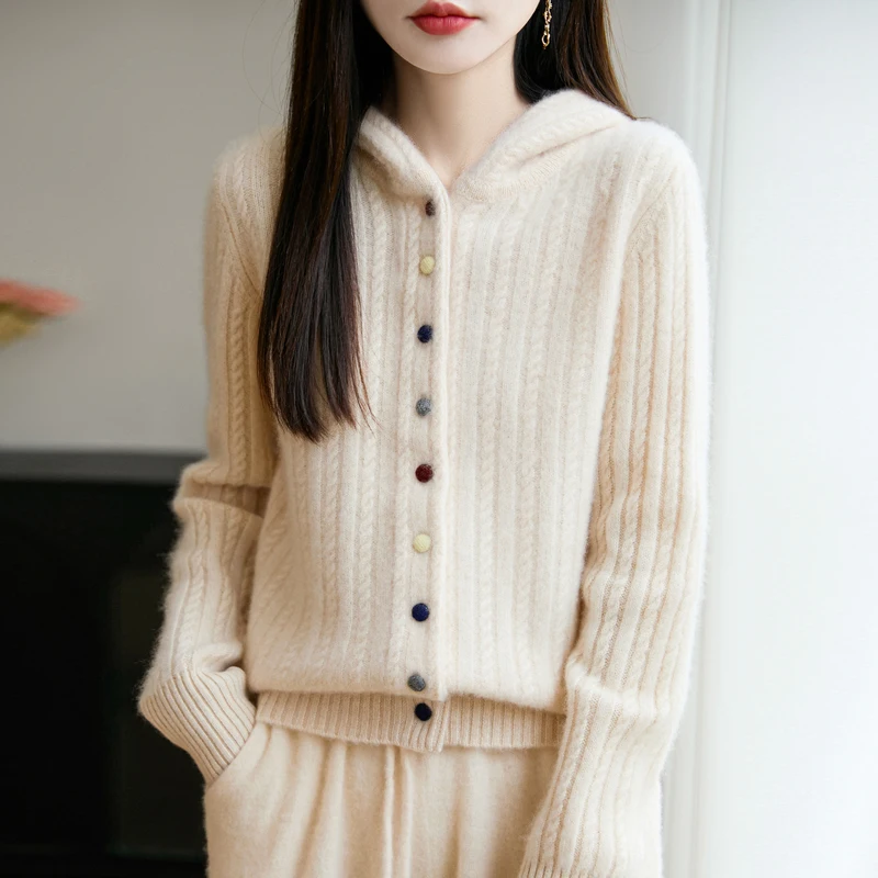 

100% Merino Wool Sweater Cardigan Women's Hooded Collar Knitted Cardigan Casual Loose Women's Clothes Thick Tops Winter Warm