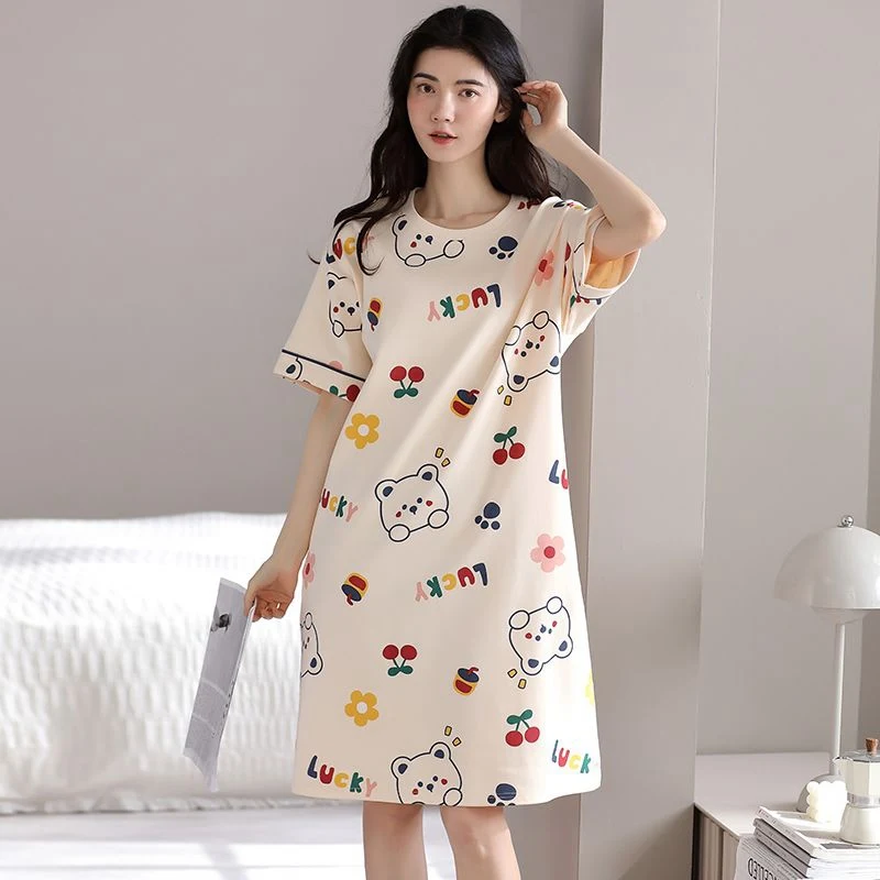 2025 Summer Short Sleeve 100% Cotton Print Nightgowns for Women Korean Cute Student Sleepwear Night Dress Nightdress Home Nighty
