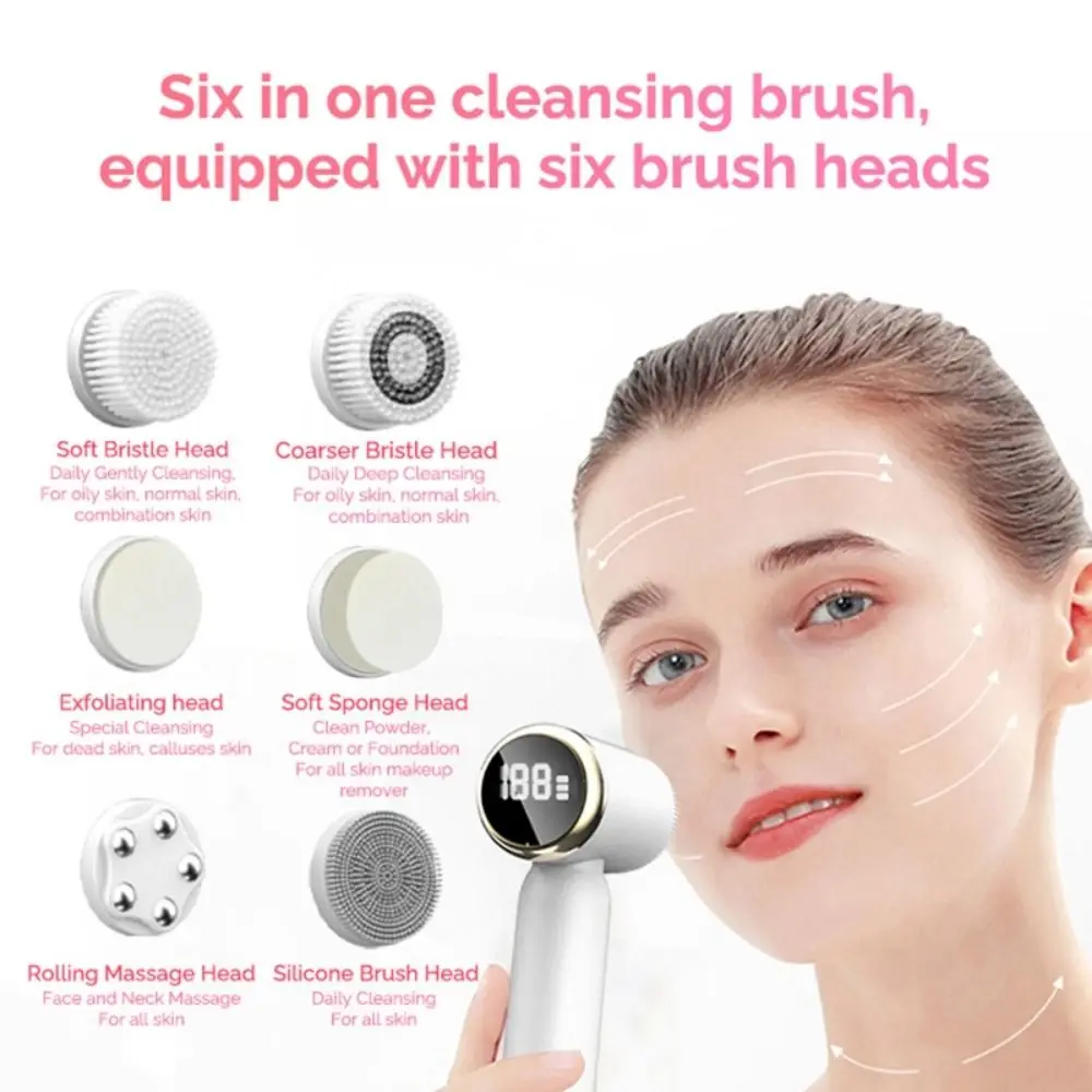 Escova elétrica de limpeza facial 6 em 1, rotação 360, compressa quente e fria, purificador facial ultrassônico, ipx6, à prova d'água, display led