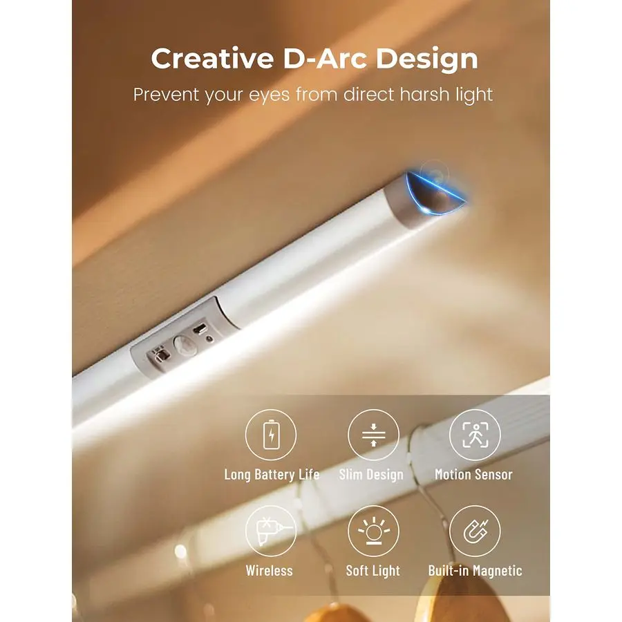 2팩 모션 센서 옷장 조명 눈 보호 디자인 자동 옷장 조명 배터리 작동 팬트리 라이트 무선 L