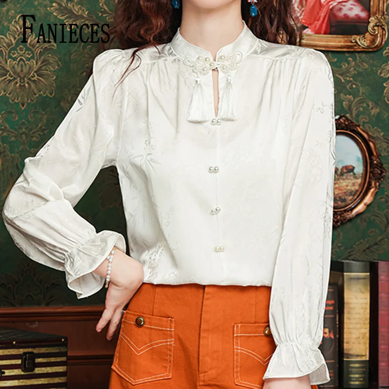 

FANIECES camisas 한국인 후기 많은 옷 Vintage Shirts Women Elegant Patchwork Long Sleeve Blouses Office Lady chineses Apricot Casual Tops