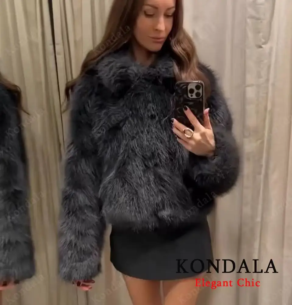 KONDALA الوقوف طوق الفراء سترة المرأة خريف شتاء أنيقة عادية فو الفراء سترة معطف 2025 موضة شارع العليا معطف السيدات