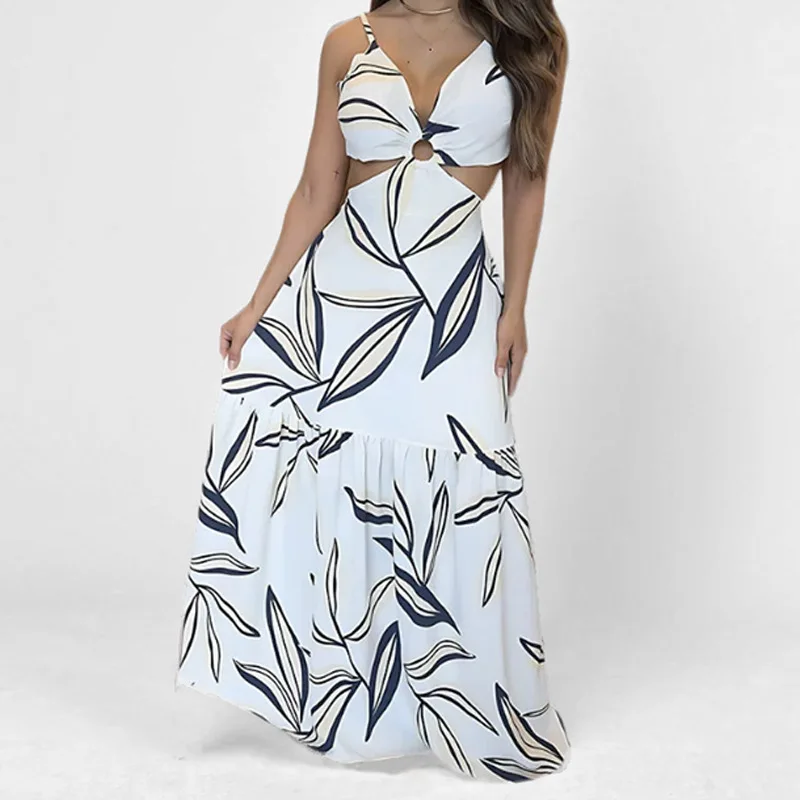 

TOY-2025Summer New Women's Printed Long Dress with Straps, Waist-Revealing Sexy Dress