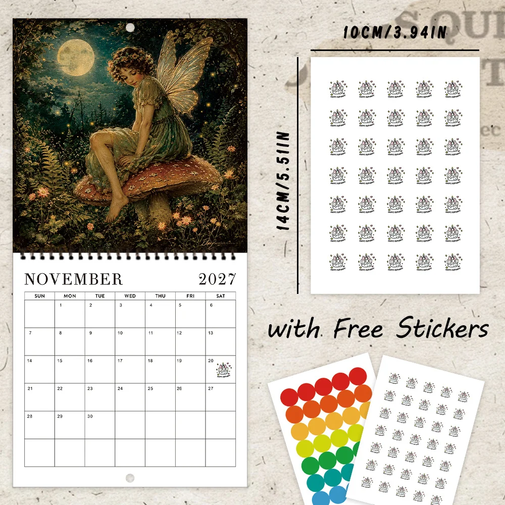 1pc 2027 Vintage Painting Fairy Wall Calendar,12‑Month Planner,Gift For Back‑to‑School,Christmas,New Year,Free Stickers Included