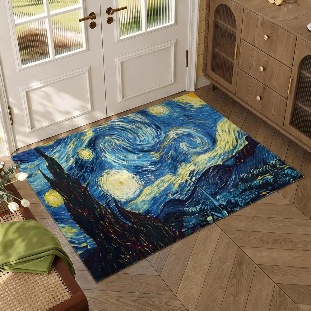 pretty famous v-Van Gogh art Floor Mat Soft Thickened Flannel Door Mat Non-Slip Living Room Rug Home Decor