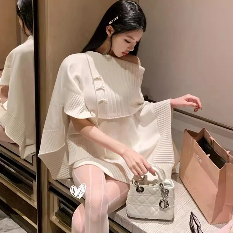 الخريف والشتاء جديد كلمة واحدة الكتف القوس بلون المرأة سترة أنيقة أزياء فضفاضة معطف الرأس تريكو البلوز الأعلى #3