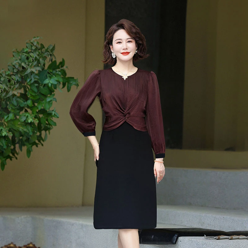 秋冬偽二枚ドレス女性 V ネックパッチワーク気質ファッション長袖ロングドレス