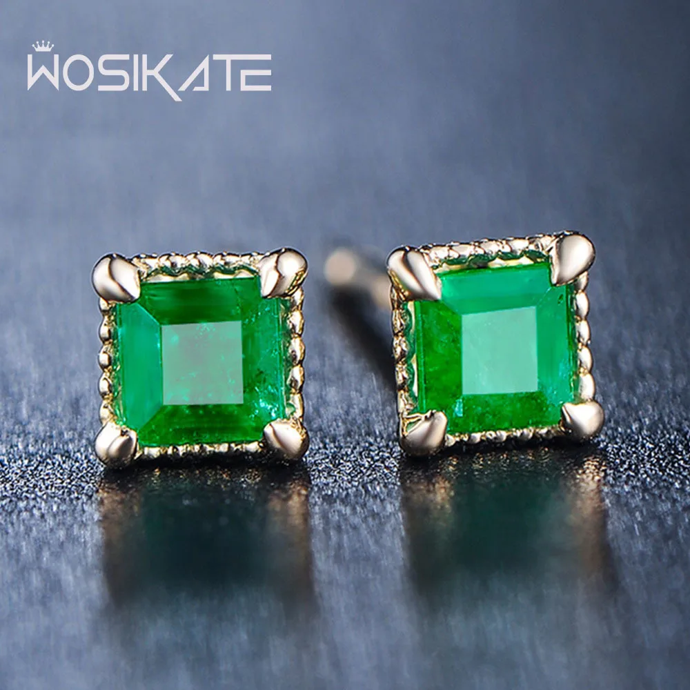 WOSIKATE New Vintage 18K Gold-Coloured Synthetic Emerald Stud Earrings For Women Fashion Jewellery Exquisite Zirconia Earrings